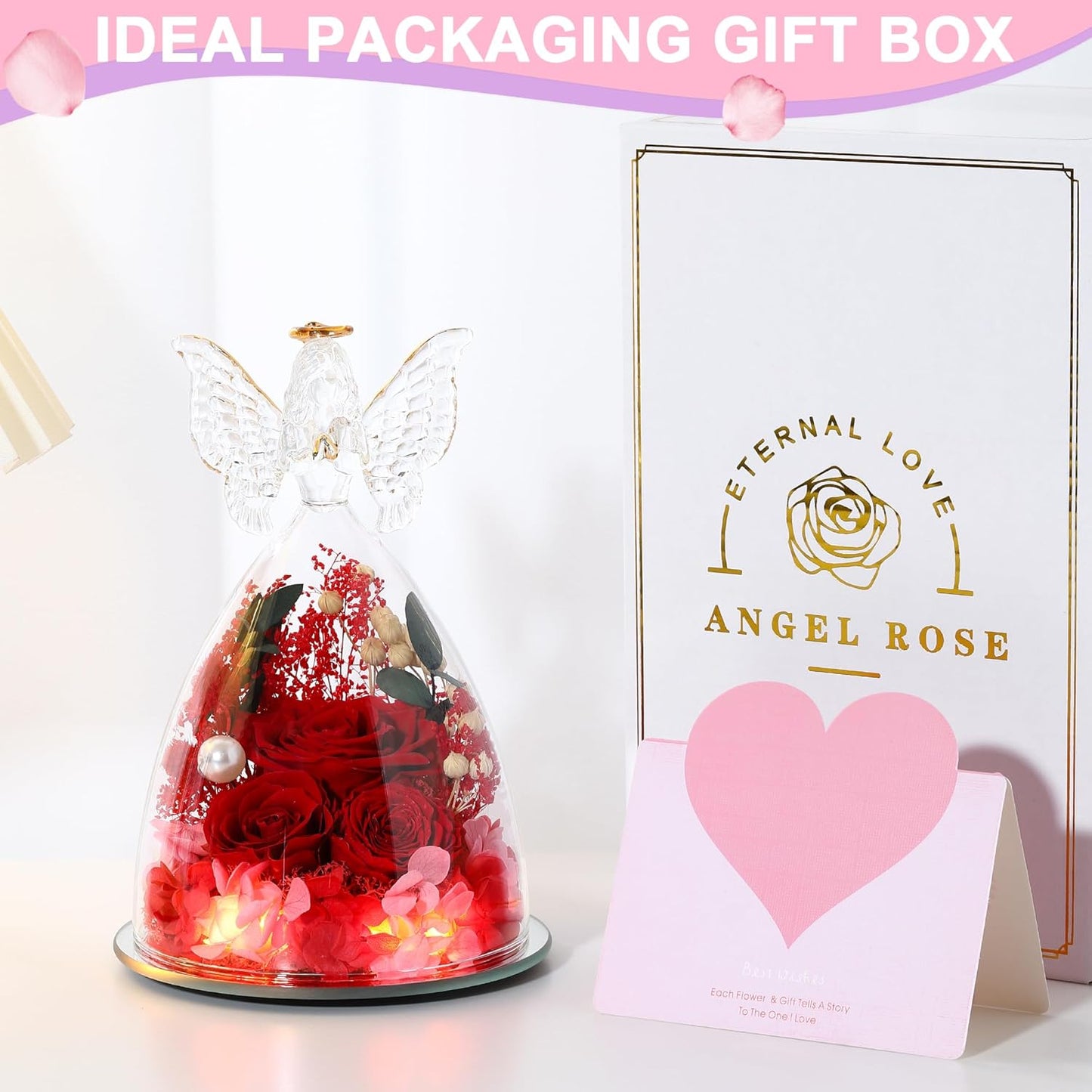Christmas Rose Gifts for Women Preserved Real Flower in Glass Angel Figurines Roses for Delivery Prime Birthday Gifts for Mom Grandma Girlfriend Wife Her, Red Austin Roses