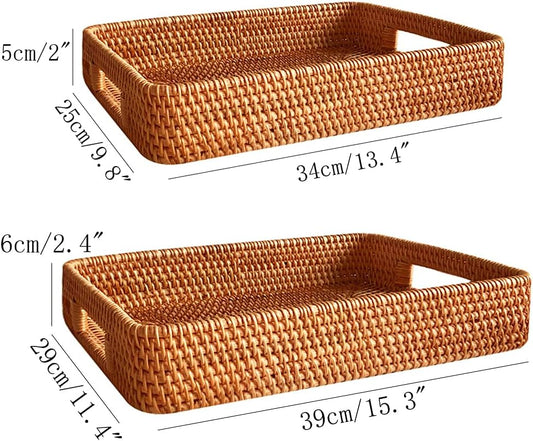 i-lan 2 Pack Natural Rattan Serving Trays with Handles – Handwoven Rectangular Wicker Baskets for Food, Bread, Fruit | Decorative Storage & Table Organizer with 2-Inch Wall (Small + Large)