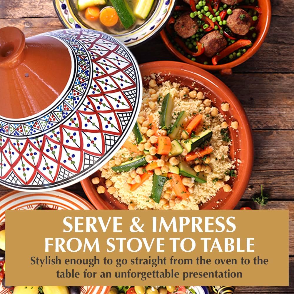 Kamsah Tagine Pot for Cooking and Flavor Enrichment - Large Clay Pot 12”, 5.5 QT - Non-Stick Handmade Cookware - Moroccan Ceramic Pots for Cooking with Lid & Serving Bowl - Bohemian Classic Red