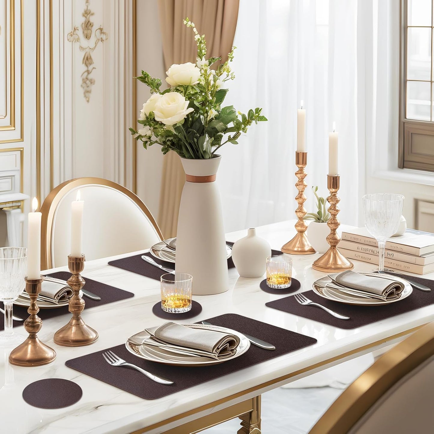 Vinyl Placemats Set of 6, Faux Leather Heat Resistant Kitchen Place Mats, Waterproof Wipeable Dining Table Mats and Coasters for Indoor, Outdoor (Coffee)