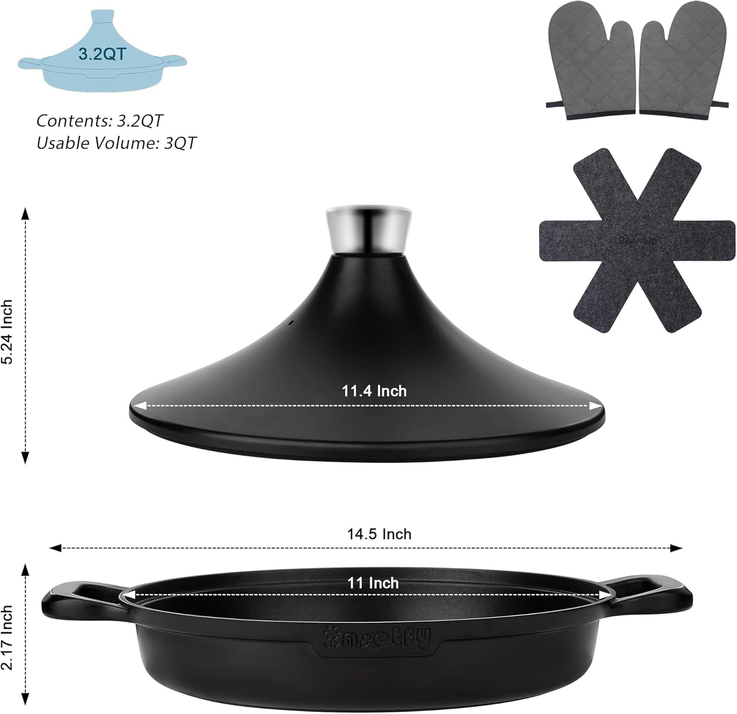 Non-Stick Frying Pan/Skillet 11", 3QT Tagine Pan,Cast Aluminum Pans with Lid, Stove/Oven-to-Table Cookware, Dishwasher Safe& Compatible with All Stovetops(Black)