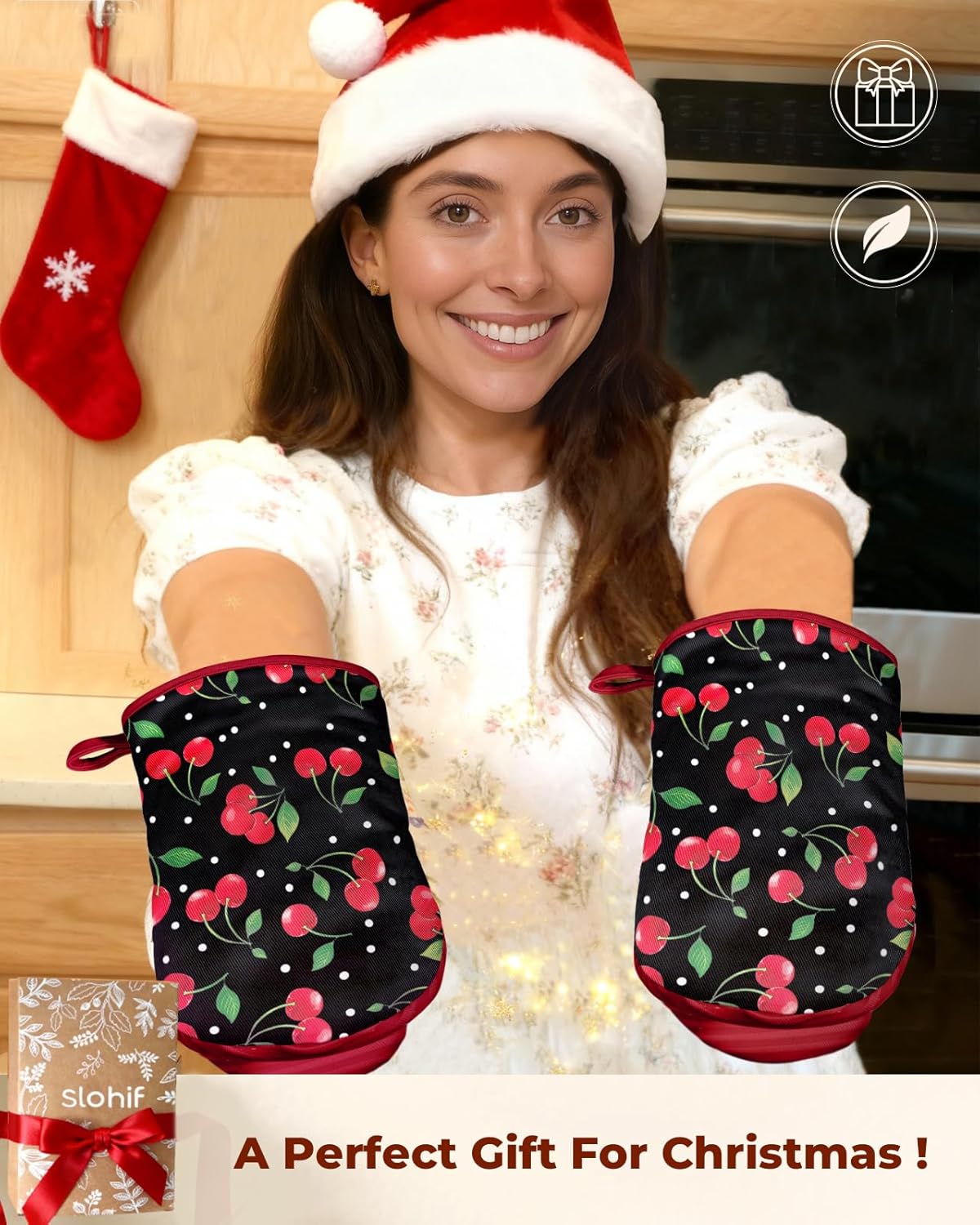 Slohif Cherry Mini Oven Mitts Set – Red Extended Short Heat Resistant Kitchen Gloves for Women, 100% Cotton Oven Mitts with Silicone Grips, Non-Slip and Thick Durable for Cooking & Baking