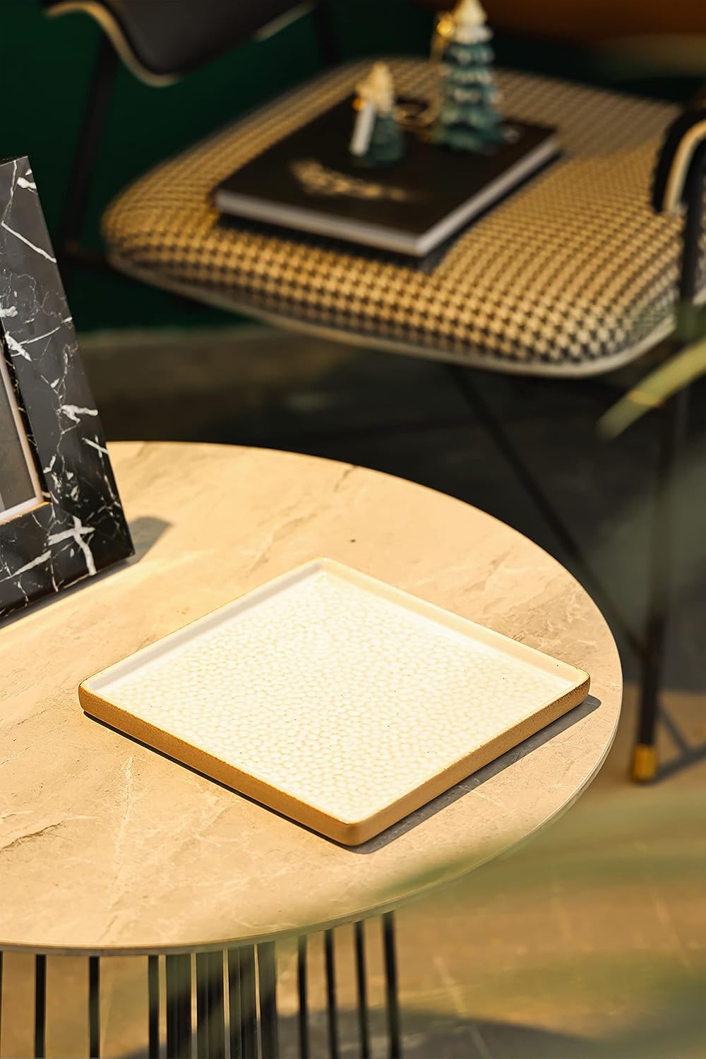 Vanity Tray with Brown Trim - Candle & Perfume Holder Organizer - Decorative Square White 8"8" Bathroom Countertop Tray