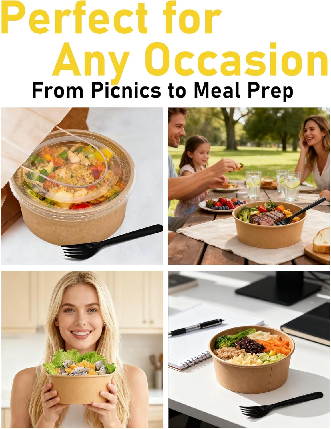 50Pack Disposable Kraft Paper Bowls with Lids & Forks 36oz (1100ml) Round Food Containers Heavy Duty Serving Bowls for Hot/Cold Food Soups Salads Take Out Containers for Household & Restaurant & Party