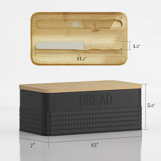 Bread Box for Kitchen Countertop - Metal Bread Storage with Bamboo Cutting Board Lid & Bread Knife, Corner Bread Container for Homemade Bread and Toast, Black