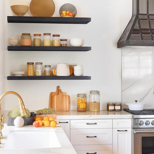 BAYKA Floating Shelves for Wall, 36 inches Long Wall Mounted Rustic Wood Shelves for Bathroom, Bedroom, Living Room, for Book/Storage/Decor with 30lbs Capacity - Black,Set of 3