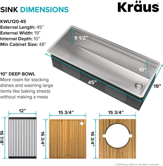 KRAUS Kore Workstation 45-inch Undermount 16 Gauge Stainless Steel Kitchen Sink, Single Bowl Kitchen Sink with Accessories, KWU120-45