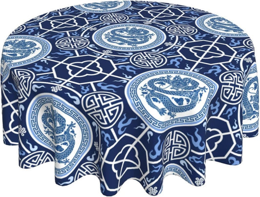 Chinoiserie Tablecloth Round, Traditional Zodiac Dragon Vintage Asian Style Oriental Luxury Water Resisitant Table Cover for Dining Kitchen Living Room Home Party Holiday Decor 60 inch Round