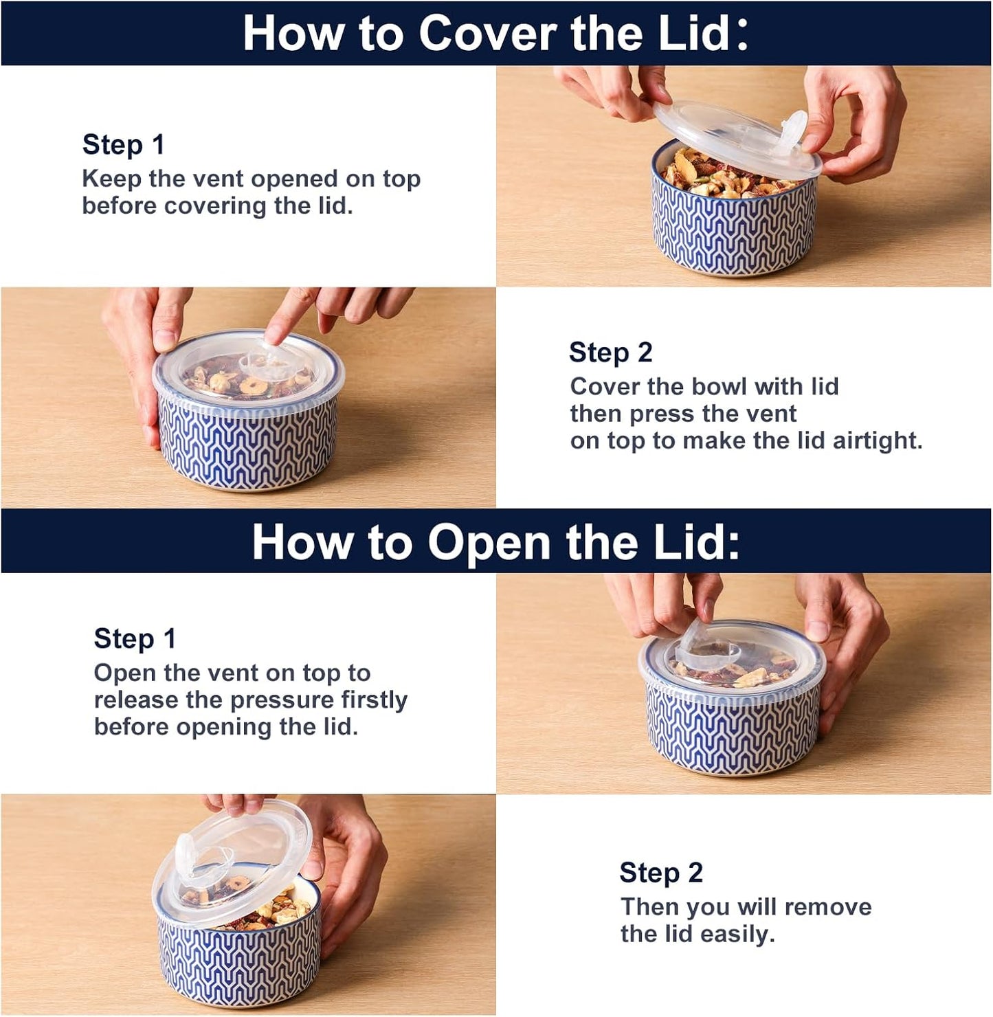 Selamica Ceramic Bowls with Lids,14 OZ Small Serving Bowls with Lids for Lunch Picnic Microwave Safe, 5 Inch Kitchen Food Storage Bowls Set of 4 for Prep, Salad, Pasta, Cereal, Vintage Blue