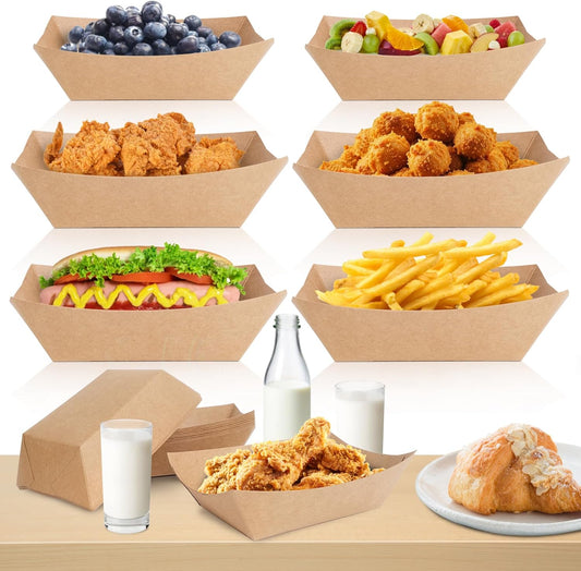 2lb Paper Food Trays, 100 Pack Disposable Paper Food Boat Serving Boats for French Fries Nachos Snack Hot Dog Taco BBQ Popcorn Bachelor Party Picnic