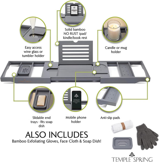 Temple Spring Wooden Bathtub Tray, Bamboo Bathroom Accessories, Bath Tray for Tub, at Home Spa Essentials, Board for Tub Table, Bath Caddy for Bathtub Accessories & Bathroom Essentials – Slate Grey