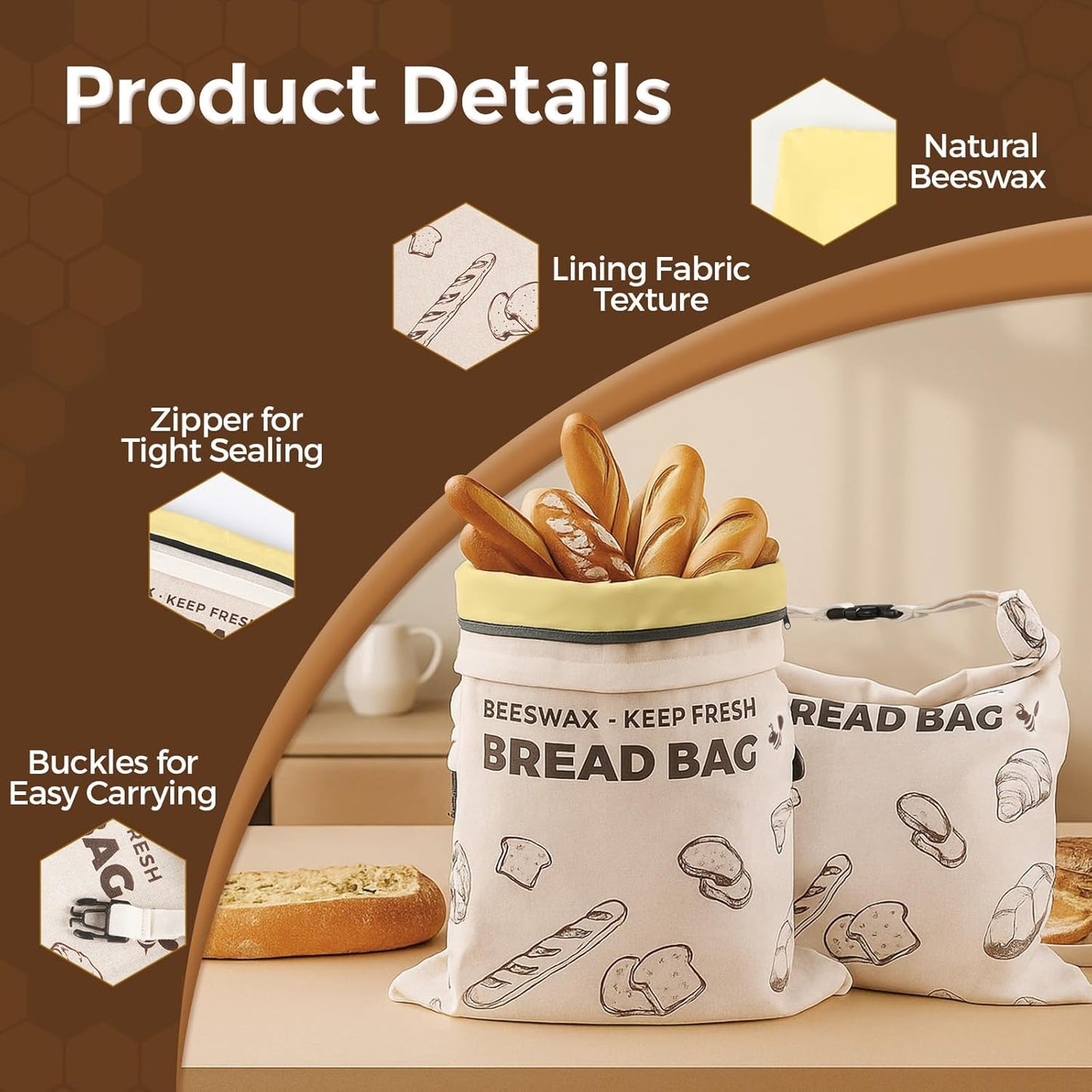 YARRAMATE Beeswax Bread Bags for Homemade Sourdough, Zipper Reusable Linen Food Storage Bags to Keep Loaf Fresh, Large Freezer Safe and Eco Friendly Bread Containers (17x13", 2 Pack)