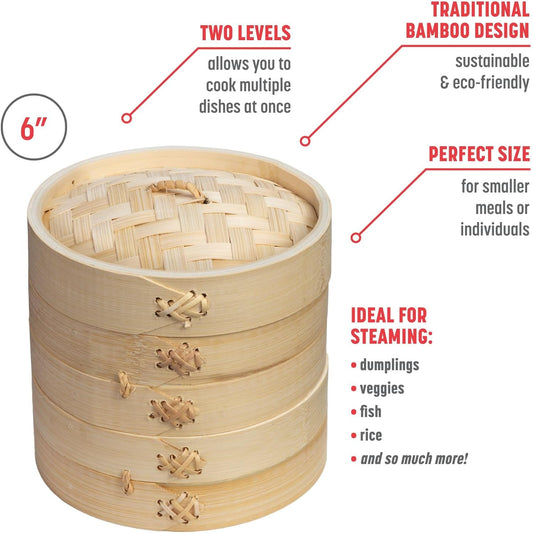 Joyce Chen 2-Tier Bamboo Steamer Baskets, 6-Inch
