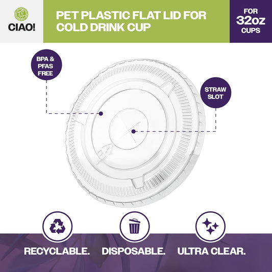 CIAO! Ultra Clear PET Flat Lid with Straw Slot - Fits 32 oz PET Cups, 107mm (Case of 300)