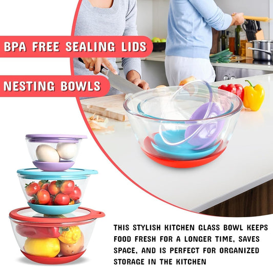 Glass Mixing Bowls Set of 3 with BPA-Free Airtight Lids, Large Nesting Bowls with Non-Slip Silicone Base, Ideal for Food Storage, Dishwasher & Microwave Safe, 2, 1, 0.5 QT Purple Blue Red