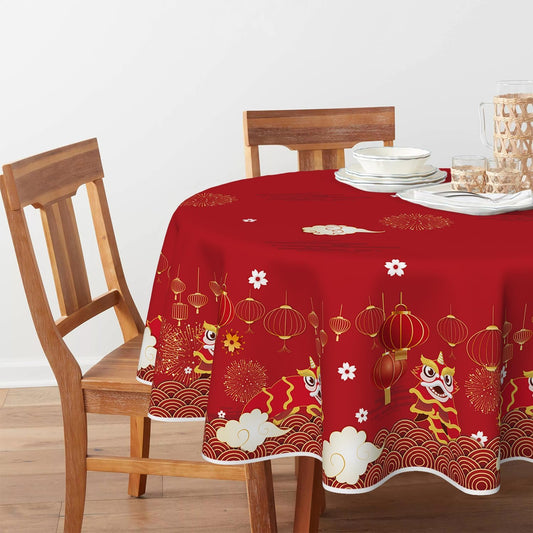Horaldaily Newyear Tablecloth 60×60 Inch Round, Chinese Lunar New Year Lion Dance Lantern Red Washable Table Cover for Party Picnic Dinner Decor