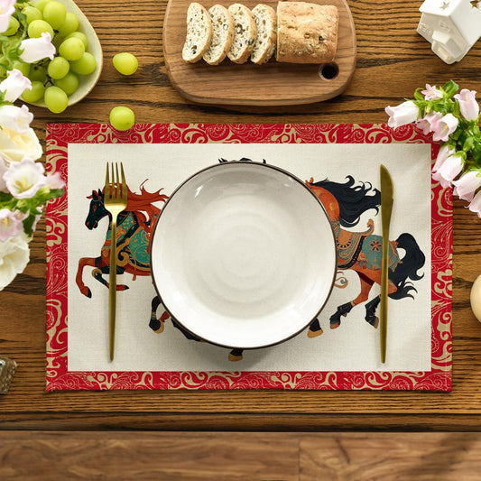Artoid Mode Zodiac Horse Happy 2026 Chinese New Year Placemats Set of 4, 12x18 Inch Seasonal Lunar Winter Table Mats for Party Kitchen Dining Decoration
