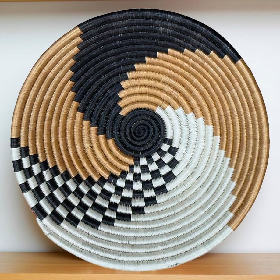Handwoven African Basket Handmade sisal Fruit Bowl Wall Hanging decorative Baskets for Home Living Room Kitchen Centerpiece Zen Designs Arts and Crafts (Swirl Black Tan, 8in diameter)