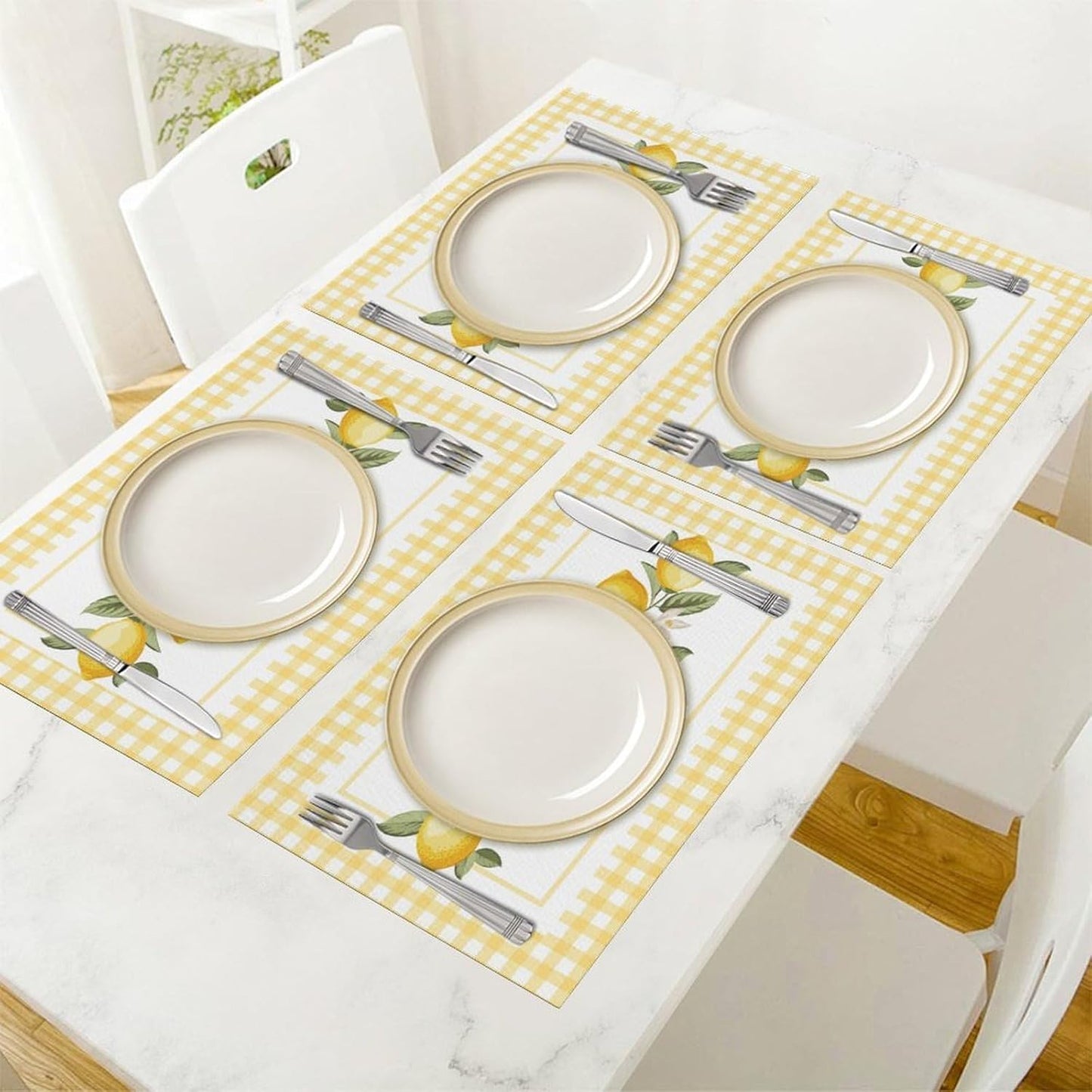 Yellow Lemon Placemats Set of 6, 12x18 Inch Summer Fruits Buffalo Plaid Floral Farmhouse Seasonal Spring Holiday Coffee Table Mats for Party Kitchen Dining Decoration