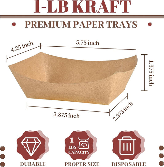 Ocmoiy 1lb Paper Food Trays, 100 Pack Heavy Duty Kraft Food Boats Holders Disposable Serving Basket Trays for Nachos, Fries, BBQ, Festivals, Party