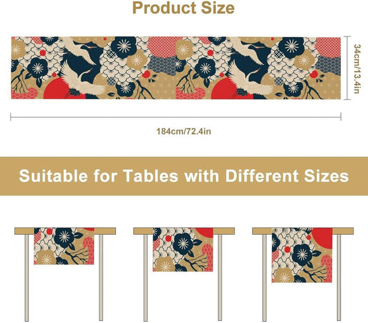 Crane Dinning Table Runner, Line Art Modern Janan Style Oriental Table Runner for Holiday Party Kitchen Study Living Room Home Bedroom Colorful 13x90 Inch