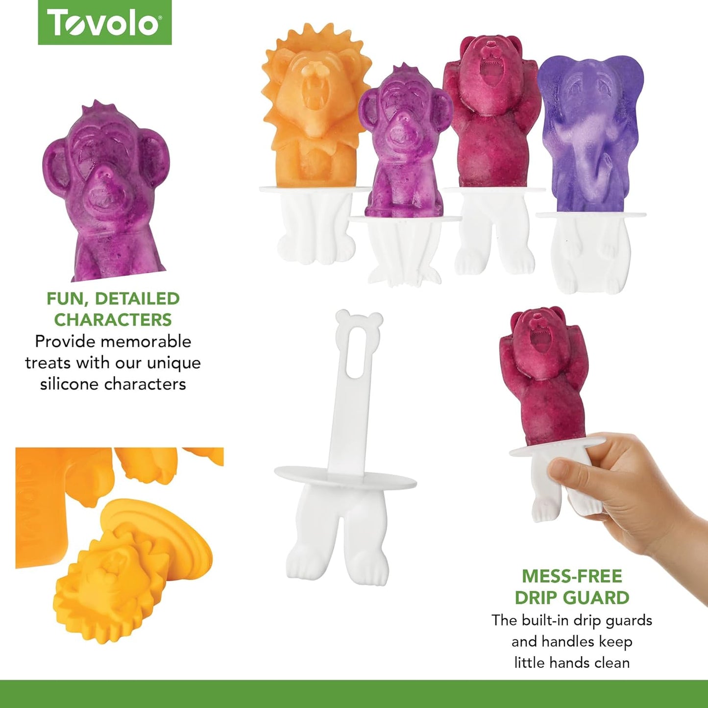 Tovolo Animal Popsicle Molds Zoo Crew Set of 4 Reusable Popsicle Molds with Sticks Bear Lion Monkey Elephant, BPA Free Silicone Pop Maker for Kids, Dishwasher Safe Animal Ice Molds for Frozen Treats