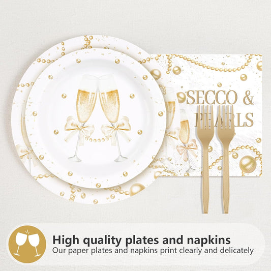 Grencian 96Pcs Pearls and Prosecco Bridal Shower Decorations Engagement Party Paper Plates Disposable Gold Pearls Champagne Party Supplies Tableware for Bride to Be She Said Yes Wedding Decor