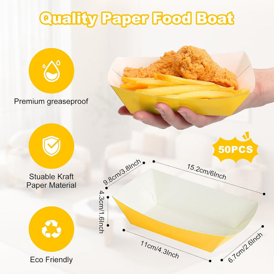 50 Pcs 2lb Paper Food Boat Trays Disposable,Snack Tray,Food Trays for Snack French Hot Dog Taco Popcorn Picnic party Wedding,Concession Stand Supplies (Yellow)