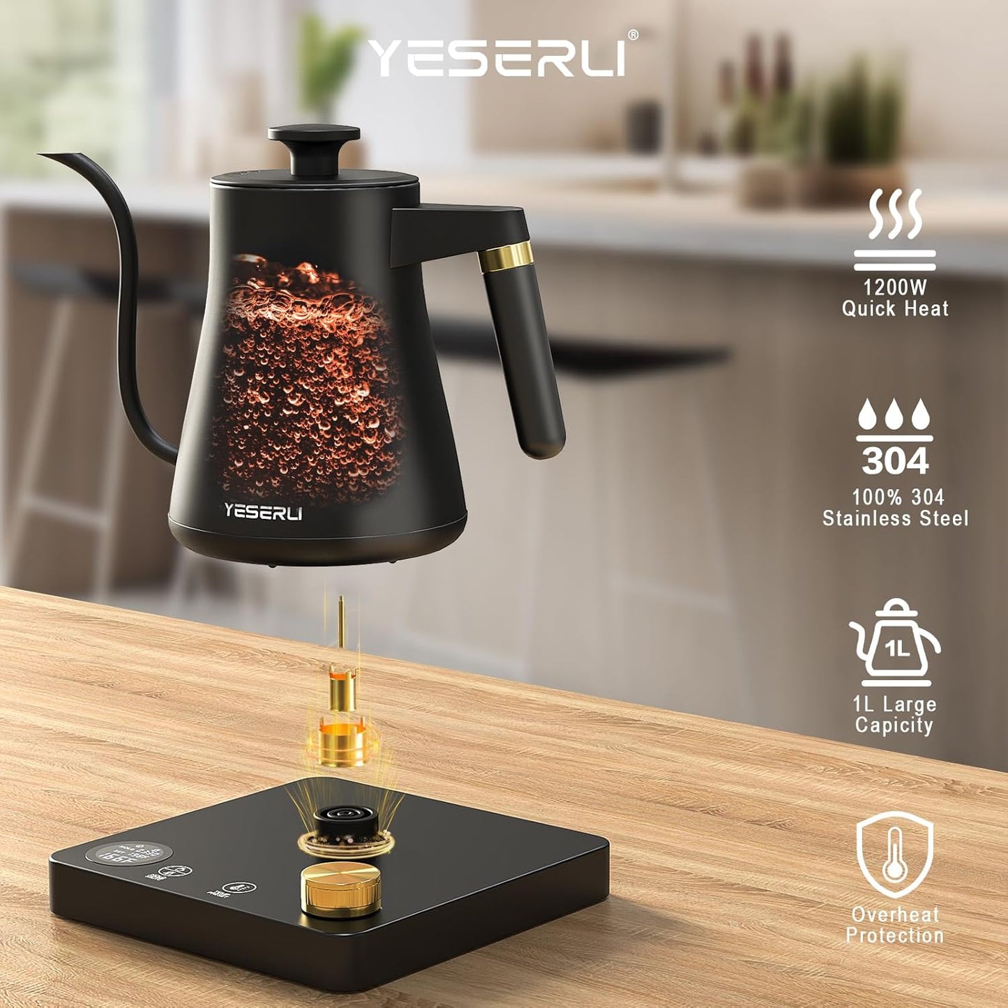 1200W Gooseneck Kettle with ±1℉ Temperature Control,Pour Over Electric Kettle for Coffee & Tea,Digital Display,4 Temp Preset,12H Keep Warm,100% Stainless Steel,Rapid Heating,1L,Matte Black