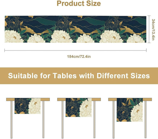 Chinese Landscape Dinning Table Runner, Spring Line Floral Navy Green Peak Asian Style Table Runner for Kitchen Study Living Room Home Bedroom, Gray 13x60 Inch
