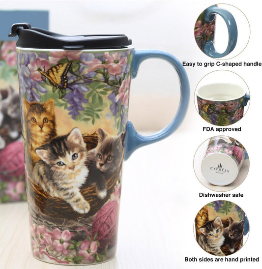 TZSSP Ceramic Coffee Mug,Coffee Travel Mug with Handle & Lid,Travel Cup for Porcelain,17 oz,Tall Tea Mug in Gift Box for Home & Office, Flower & Cat Art Pattern