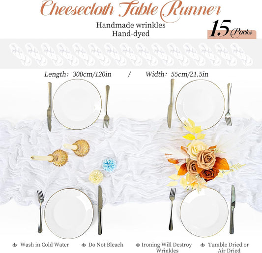 15 Packs Cheesecloth Table Runner White,10 Ft Rustic Gauze Boho Wedding Table Runner Decoration for Party Bridal Shower,21.5x120in