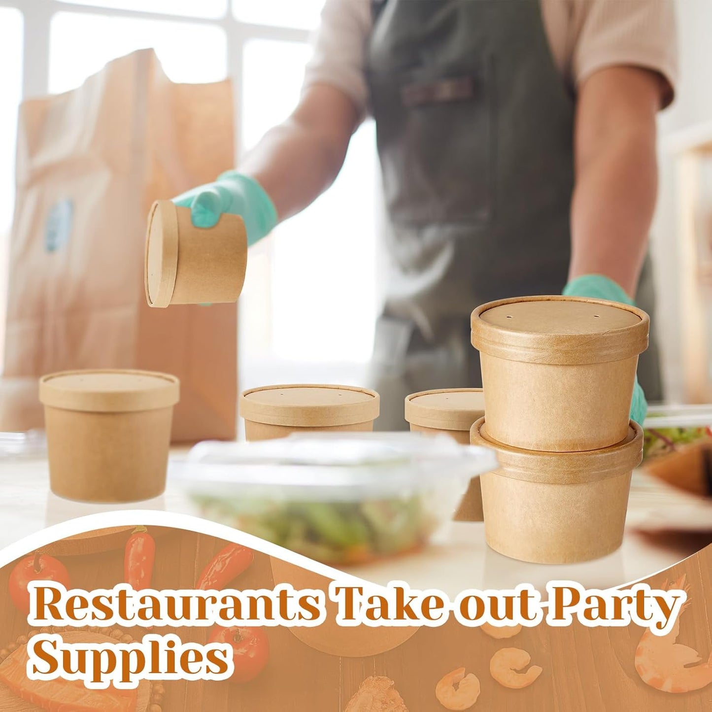 Sabary 50 Pack 8 oz Paper Soup Containers with Lid Disposable Kraft Soup Food Bowl Microwavable Food Storage Ice Cream Containers Nice for Restaurants (Brown)