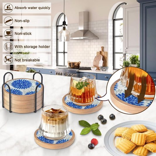 Wood Coasters Set of 6 with Holder, Cewiru Cup Mat for Drinks, Absorbent Coasters with Felt Insert for Coffee Table Protection, Modern Style Home Dining Table Decor, 4.3" Blue