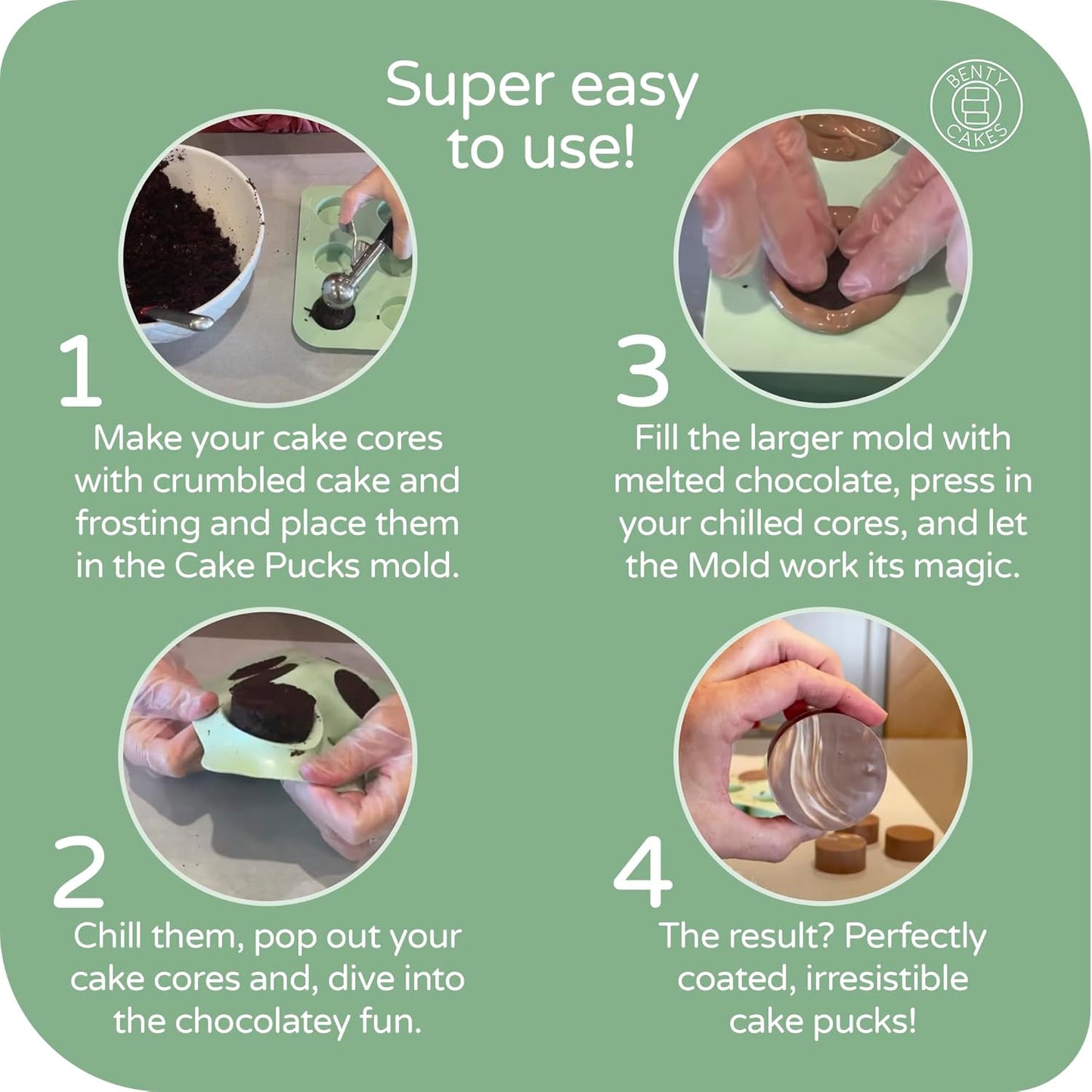 Benty Cakes – The Original CakePuck Mold Set – Better than a Cake Pop! Make Chocolate Covered Desserts – BPA Free Silicone – Includes 1 Mold Set, 1 Plastic Tray and 1 Scraper – Green