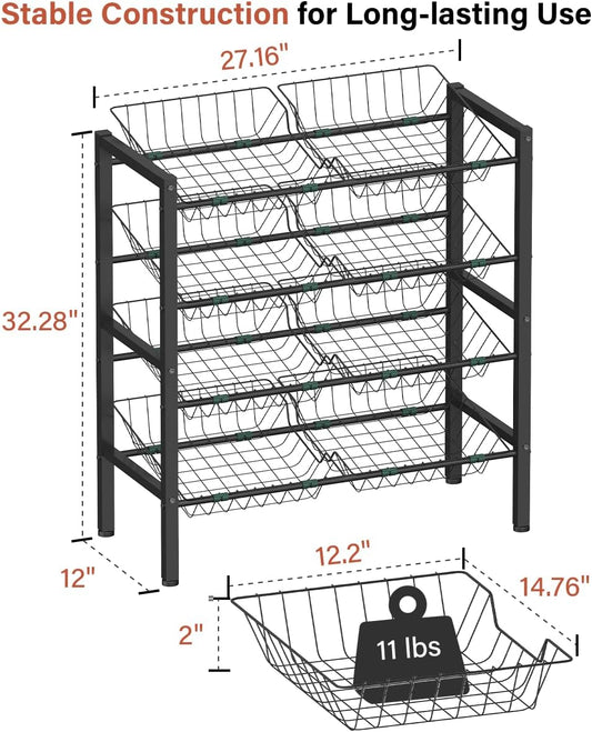 4-Tier Kitchen Storage Rack, Metal Pantry Storage Stand, Fruit Basket Stand with 8 Fruit Vegetable Baskets, Freestanding Snack Organizer Shelf Unit for Living Room, Office, Apartment, Black