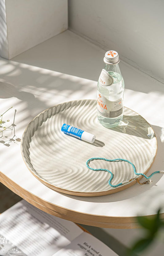 Vanity Tray with Brown Trim - Candle & Perfume Holder Organizer - Round White 11"11" - Home Decor for Dresser, Table, Bathroom Countertop