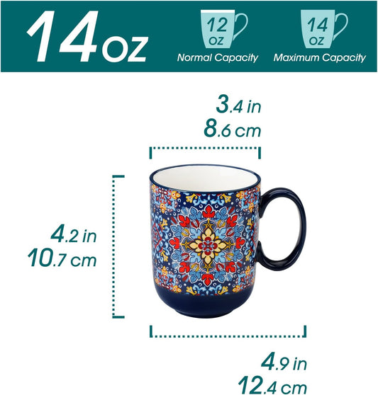 vancasso Boho Coffee Mugs Set of 6, 14 oz Ceramic Mugs with Handle, Colorful Porcelain Cups Microwave Dishwasher Safe, for Latte Tea Cappuccino Cocoa Hot Chocolate