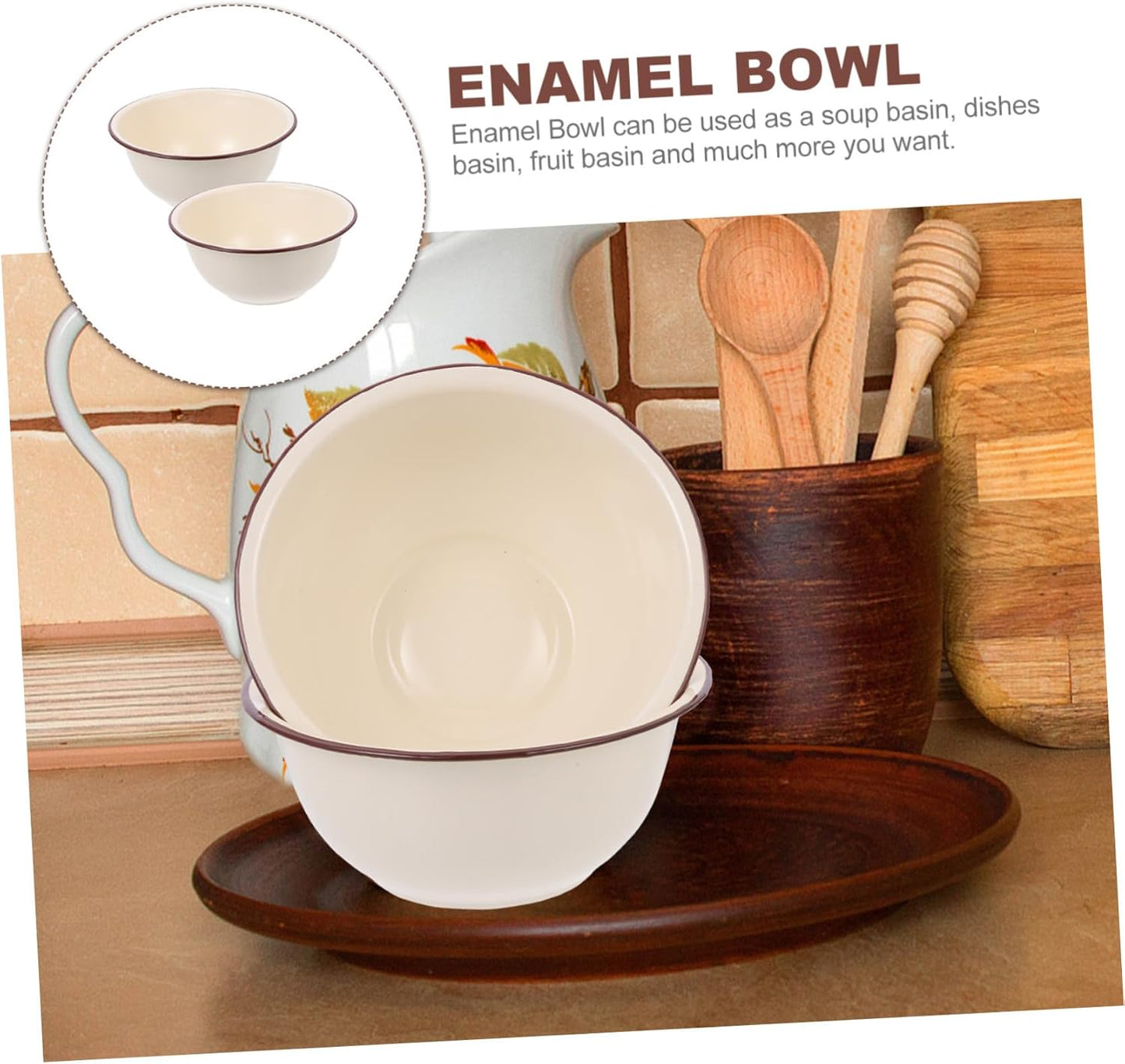 2Pcs Enamel Bowl Deep Ivory White Vintage Kitchen Basin for Food Storage Dough Kneading Soup Serving Smooth Surface Easy to Clean