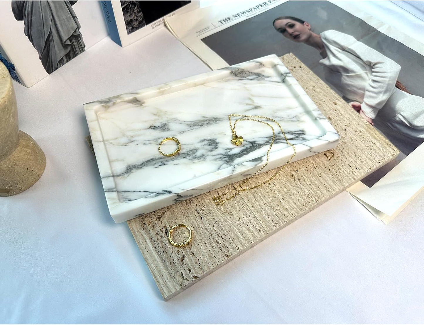 Natural White Marble Vanity Tray, 9.8"x5.9" Genuine Marble Stone Tray for Bathroom/Kitchen/Dresser (Arabescato)