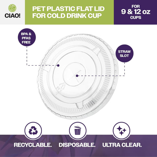 CIAO! PET Flat Lid with Straw Slot, Designed and Fit for 9OZ/12OZ PET Cold Drink Cups Only, 92mm (Case of 1,000)