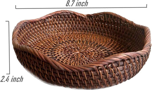 Handmade Rattan Round Fruit Basket Food Storage Bowls Kitchen Organizer Snack Serving Bowl 9 Inch Wavy Edge Circle Tray Basket with 2” Deep Wall, Dark Brown Décor Display Tray Bowl, S