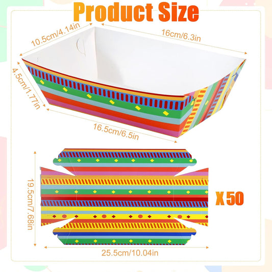 50 Pcs Paper Food Trays,Mexican Taco Nights Food Trays,Disposable Nacho Tray,Disposable Serving Boats,Assembled Tray Nacho Snack Holder for Cinco De Mayo Mexican Birthday Party Supplies