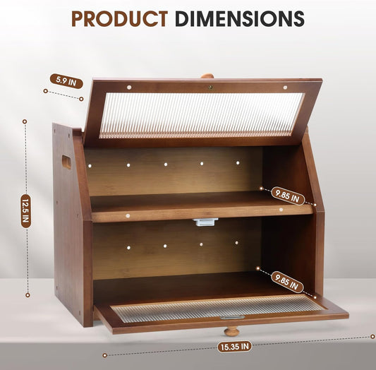 Large Bread Box for Kitchen Countertop, Wooden Bread Bin with Double Layer Storage and 0.6-inch Thick Natural Wood Panels, Rustic Bread Box Organizer for Kitchen (Retro Brown)