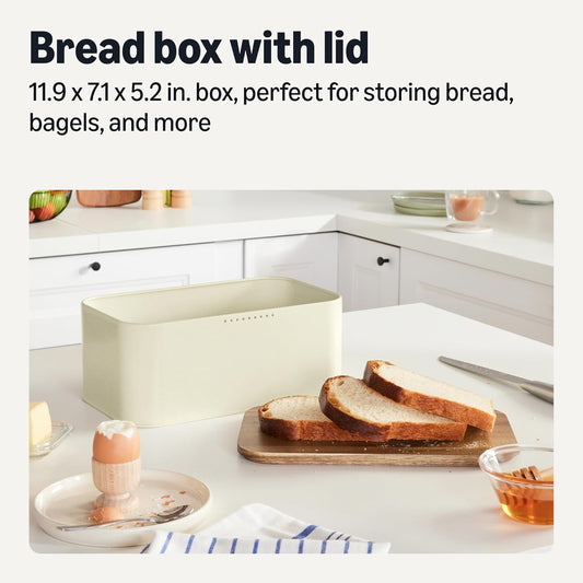 Amazon Basics Carbon Steel Bread Box with Acacia Wood Lid, Lid Doubles as Cutting Board, 11.9 x 7.1 x 5.2 in.