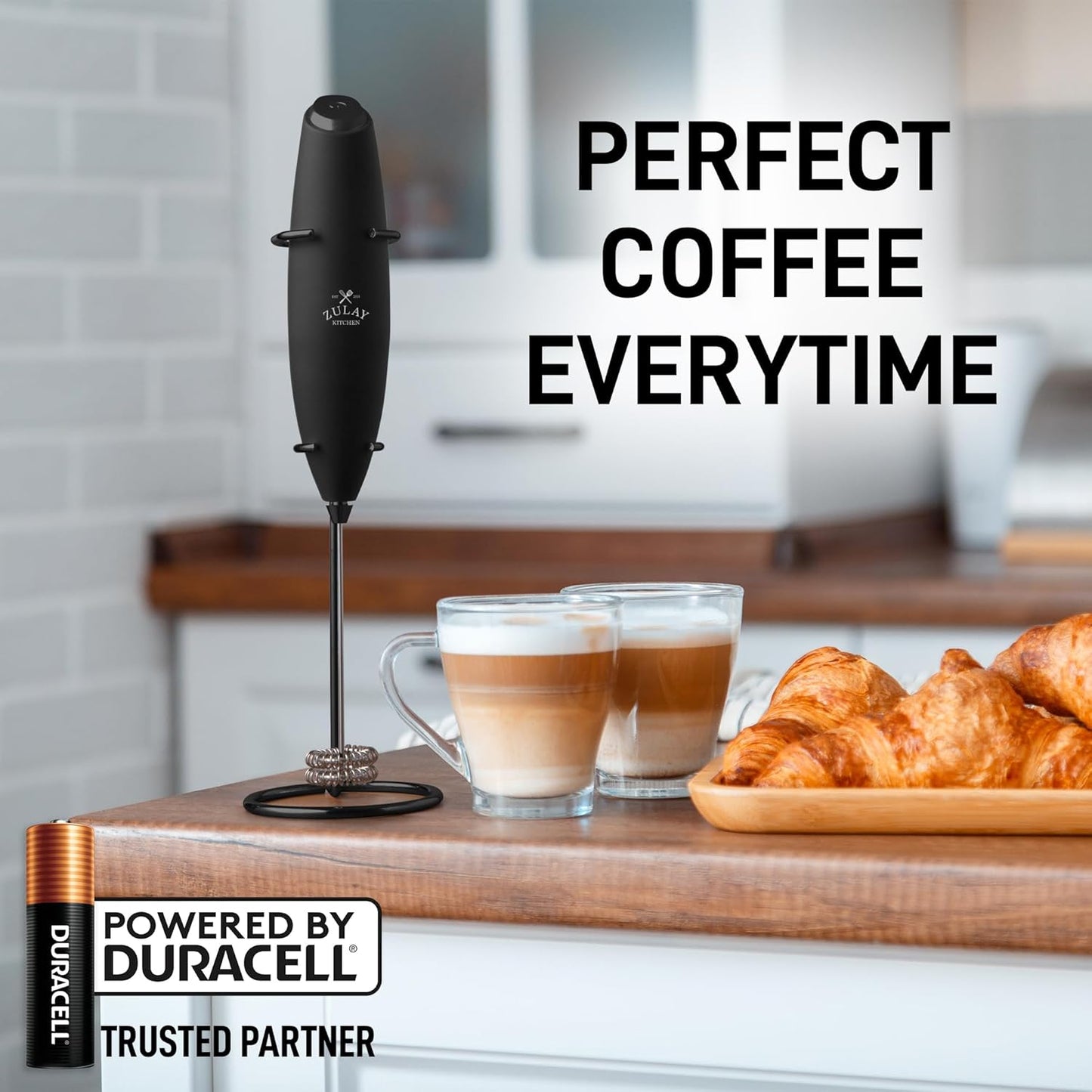 Zulay Kitchen Whisk Milk Frother with 4 Duracell Batteries - Powerful Handheld Foam Maker for Coffee, Lattes, Matcha, Hot Chocolate & Cappuccinos - Whip Creamy Froth in Seconds