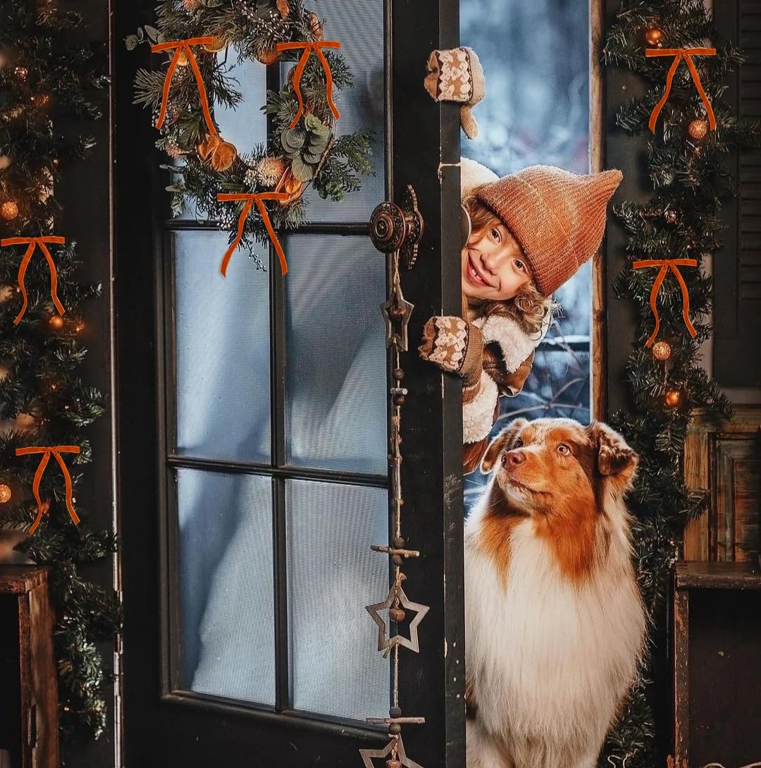 SIMISI RIBBON 24Pcs Orange Christmas Velvet Ribbon Bows Decorations Xmas Ornaments Vintage Decor for Tree, Wreath, Garland (3/8'' Width, 5 * 7 inch)