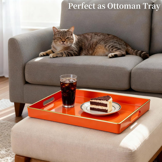 Zosenley Decorative Tray, Rectangular Plastic Tray with Handles, Modern Vanity Tray and Serving Tray for Bathroom, Kitchen, Ottoman and Coffee Table, 15.6” x 10.2” (Orange)