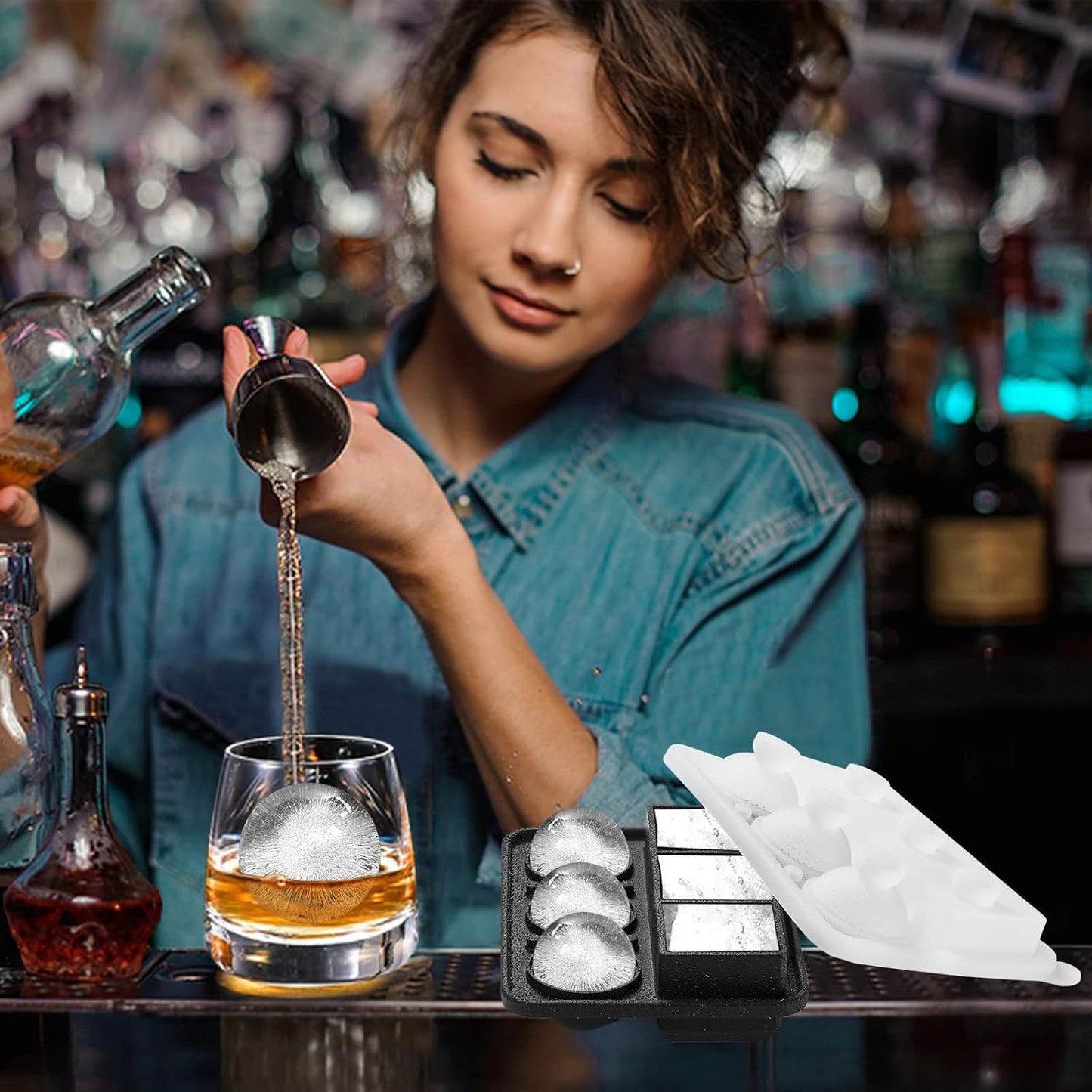 Nax Caki Ice Cube Molds Tray, Large Silicone Whiskey Ice Mold,2-in-1 Round Sphere Ice Ball Maker & Square Ice Trays for Cocktails, Bourbon, Whiskey Gifts for Men