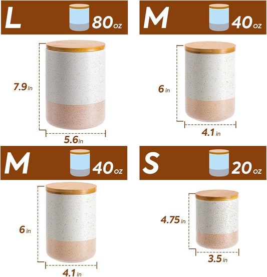 Yangbaga Canisters Sets for Kitchen Countertop-Set of 4 Ceramic Kitchen Canisters Food Storage Jar with Airtight Wood Lids & Spoons & Label,Large Flour and Sugar Containers for Serving Ground Coffee